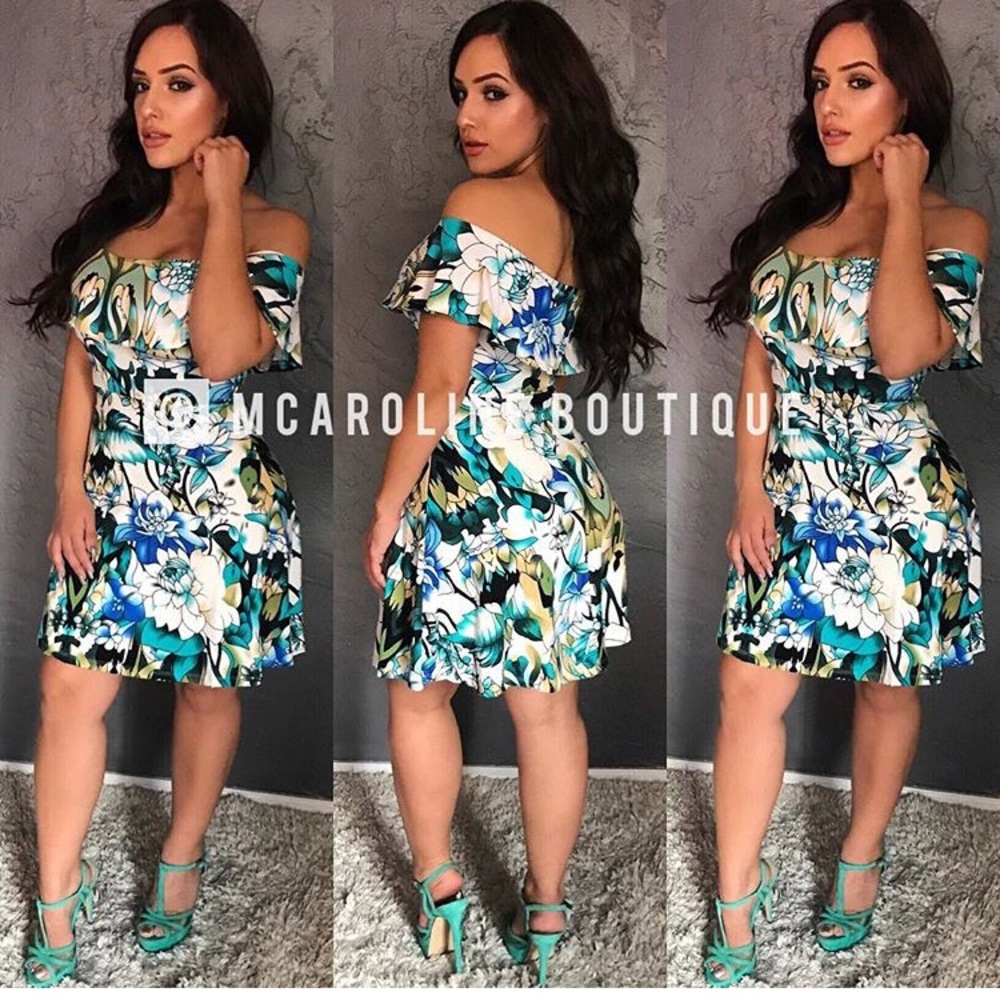 Tropical White/Blue Off Shoulder Floral Dress